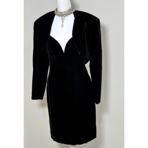 Vintage Cachet Black Crushed Velvet Dress Rhinestone Neck Matching Bolero Jacket